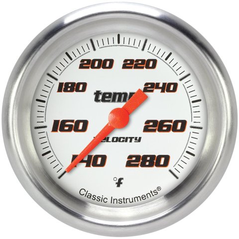 Classic Instruments Velocity Series Gauges VS326WAPF-04 Gauges, Series, Water Temperature, 140-280 degrees F, Analog, Electrical, 2 5/8 in., White Face, Black Numbers, 1/4 in. NPT Thread, Each