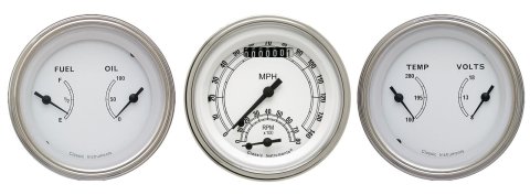 Classic Instruments White Series Gauge Sets CW34SLF Gauges, Series, Speedometer, Tach, Water Temperature, 3 3/8 in., Face, Analog, Set of 3