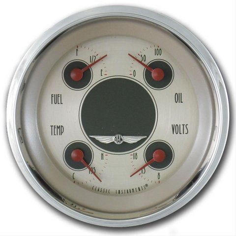 Classic Instruments All-American Nickel Series Gauge Sets AN76SHC Kit, Analog, Face, Polished, 3 3/8 in. Diameter, Quad Gauge, Fuel, Oil, Volt, Water, Cluster, Kit