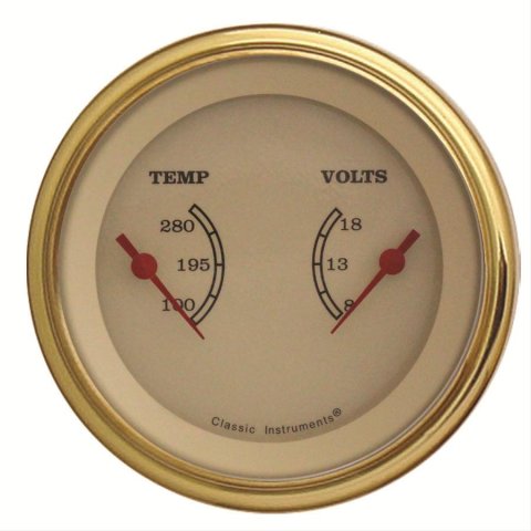Classic Instruments Vintage Series Gauge Sets VT74GLC Gauge, Series, Dual, Water Temperature, Voltmeter, 3 3/8 in., Cream Face, Analog, Each