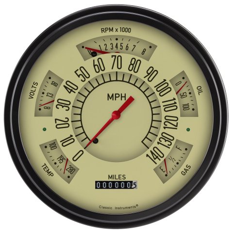 Classic Instruments Six Pack Gauge Sets SX01TBLF Kits, Pack, Analog, Speedometer, Tach, Fuel Level, Oil Pressure, Volts, Water Temp., 6 1/4 in., Tan Face, Black Numbers, Flat Glass, Each