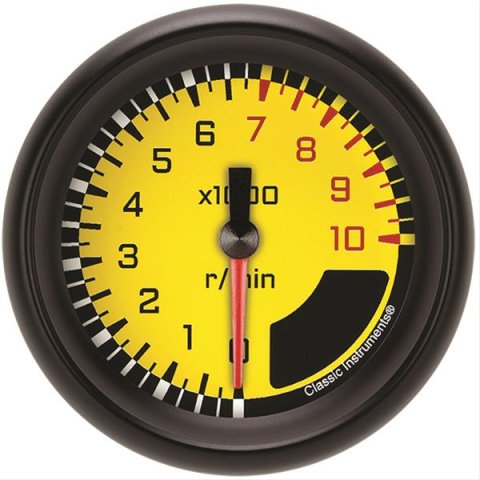 Classic Instruments Auto Cross Gray Series Tachometers AX383YBPF Gauges, Tachometers, 0-10,000 rpm, Analog, Electrical, 2 5/8 in., Black/Yellow Face, Black/Red Numbers, Black Bezel, Each