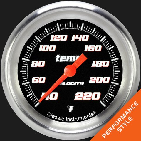 Classic Instruments Velocity Series Gauges VS329BAPF Gauge, Analog, Series, Stock Eliminator Temp, 40-220 Degrees F, 2 5/8 in. Diameter, Black Face, Full Sweep, Each