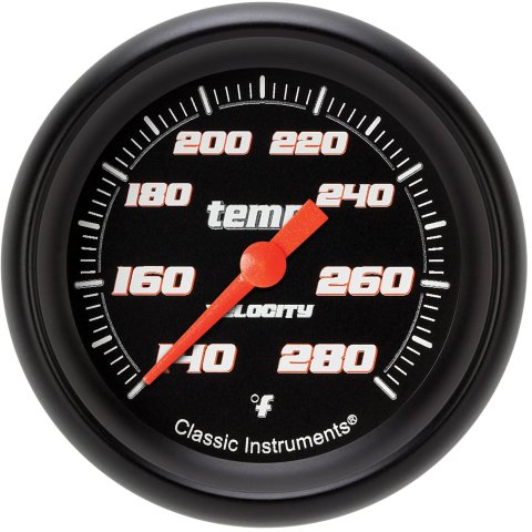 Classic Instruments Velocity Series Gauges VS326BBPF-12 Gauges, Series, Water Temperature, 140-280 degrees F, Analog, Electrical, 2 5/8 in., Black Face, White Numbers, M12 x 1.5 Thread, Each
