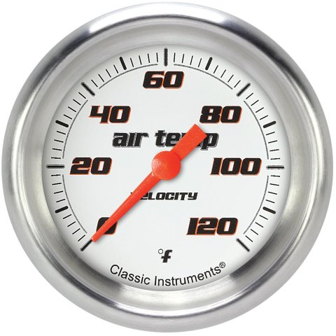 Classic Instruments Velocity Series Gauges VS399WAPF Gauges, Series, Air Temperature, 0-120 degrees F, Analog, Electrical, 2 5/8 in., White Face, Black Numbers, Each
