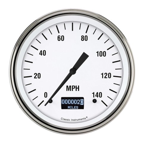 Classic Instruments White Hot Series Speedometers WH56DSLF Gauges, Speedometers, 0-140 mph, Analog, Electrical, 4 5/8 in., Face, Black Numbers, Polished Bezel, Tripometer, Each
