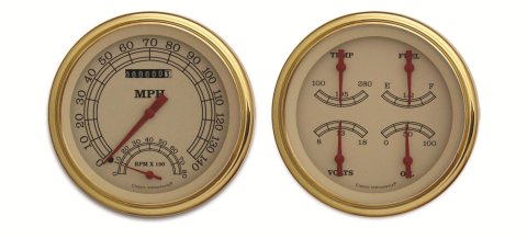 Classic Instruments Vintage Series Gauge Sets VT62GLF Gauge, Vintage, Analog, Electronic, Speedo, Tach, Fuel, Oil, Volt, Water, 5 in Diameter, Cream Face/Gold