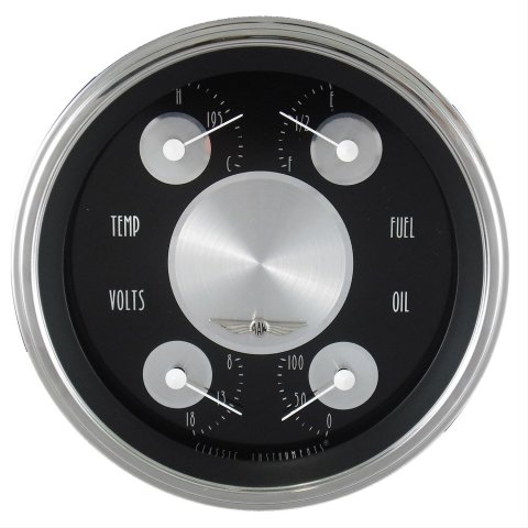 Classic Instruments All-American Tradition Series Gauge Sets AT75SLC Kit, Analog, Black Face, Polished, 5 in. Diameter, Quad Gauge, Fuel, Oil, Volt, Water, Cluster, Kit