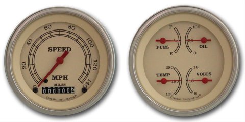 Classic Instruments Vintage Series Gauge Sets VT02SLC Set, Series, Analog, Electronic, Cream Face, Red Pointer, Polished Bezel, Kit
