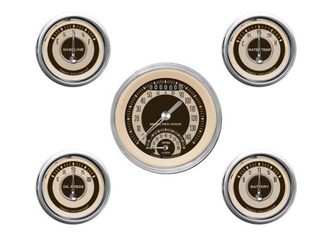 Classic Instruments Nostalgia VT Series Gauge Sets NT35SHC Gauges, VT, Speedometer, Tach, Water Temperature, Fuel Level, Beige Face, Analog, Set of 5
