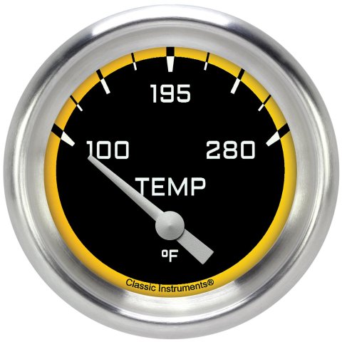 Classic Instruments Auto Cross Yellow Series Gauges AX226YAPF-08 Gauges, Series, Water Temperature, 140-280 degrees F, Analog, Electrical, 2 5/8 in., Black Face, White Numbers, Each