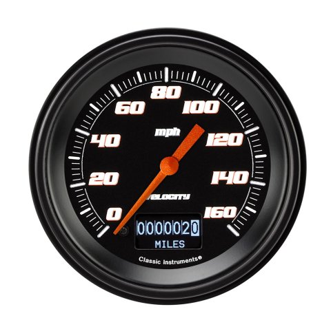 Classic Instruments Velocity Series Speedometers VS55DBBLF Gauges, Speedometers, 0-160 mph, 3 3/8 in. Diameter, Black Face, White Numbers, Black Bezel, Analog, Electrical, Each