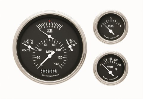 Classic Instruments Tetra Series Gauge Sets TE01BSLC Gauges, Series, Speedometer, Tach, Water Temperature, Fuel Level, Black Face, Analog, Set of 3
