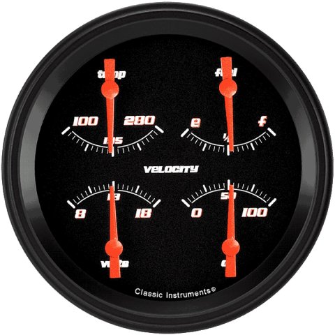Classic Instruments Velocity Series Gauge Sets VS78BBLF Gauge, Velocity, Analog, Electrical, Fuel, Oil, Volt, Water, 5 in. Diameter, Black Face, Each
