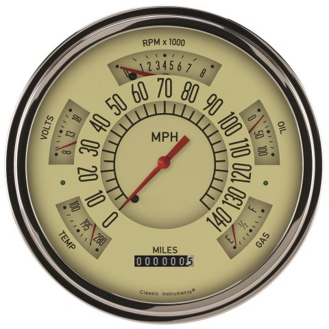 Classic Instruments 1949-50 Ford Shoebox Package Gauge Sets FC49T Kits, Package, Analog, Speedometer, Tach, Fuel Level, Oil Pressure, Volts, Water Temp., Tan Face, Brown Numbers, Ford, Kit