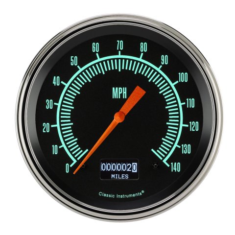 Classic Instruments G-Stock Series Speedometers GS56DSLF Gauges, Speedometers, 0-140 mph, 4 5/8 in. Diameter, Black Face, Green Numbers, Polished Bezel, Analog, Electrical, Each