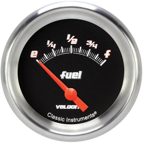 Classic Instruments Velocity Series Gauges VS214BAPF Gauges, Series, Fuel Level, Empty-Full, Analog, Electrical, 2 5/8 in., Black Face, White Numbers, 0 ohms Empty, 30 ohms Full, Each