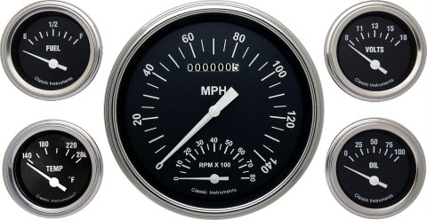 Classic Instruments Hot Rod Series Gauge Sets HR65SLF Gauges, Series, Speedometer, Tach, Water Temperature, Fuel Level, Black Face, Analog, Set of 5