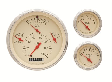 Classic Instruments Tetra Series Gauge Sets TE01TSLC Gauges, Series, Speedometer, Tach, Water Temperature, Fuel Level, Voltmeter, Tan Face, Analog, Set of 3