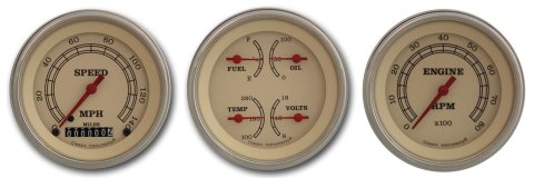 Classic Instruments Vintage Series Gauge Sets VT03SLC Gauge, Vintage, Analog, Electrical, Speedo, Tach, Fuel, Oil, Volt, Water, 3 3/8 in. Diameter, Cream Face, Set