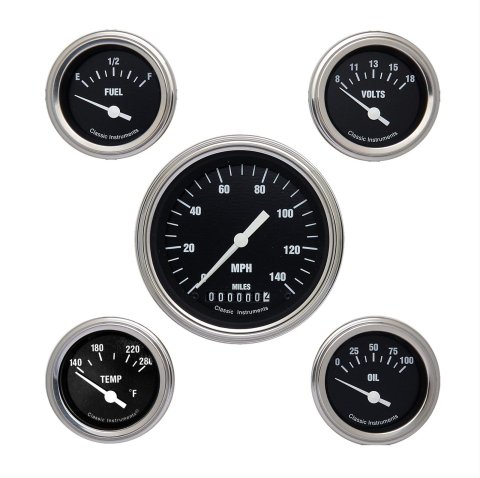 Classic Instruments Hot Rod Series Gauge Sets HR00SLC Set, Series, Analog, Electronic, Black Face, White Pointer, Polished Bezel, Curved Lens, Set