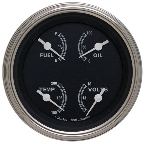 Classic Instruments Traditional Series Gauge Sets TR76SLF Gauge, Series, Quad, Water Temperature, Fuel Level, Voltmeter, 3 3/8 in., Black Face, Analog, Each