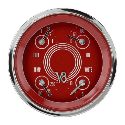 Classic Instruments V8 Red Steelie Series Gauge Sets V8RS77SHC Gauge, Series, Analog, Electrical, Fuel, Oil, Volt, Water, 3 3/8 in. Diameter, Face, Each