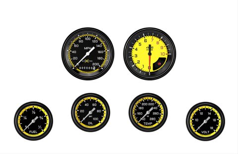 Classic Instruments Auto Cross Yellow Series Gauge Sets AX301YBLF Set, Performance AutoCross, AutoCross Yellow, 6-Gauge Set, 3 3/8 in. Speedo, 2 5/8 in. Secondary Gauges, Black/Yellow Face, Set