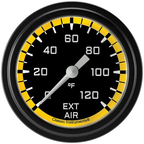 Classic Instruments Auto Cross Yellow Series Gauges AX399YBLF Gauges, Series, Air Temperature, 0-120 degrees F, Analog, Electrical, 2 5/8 in., Black Face, White Numbers, Matte Black Bezel, Each