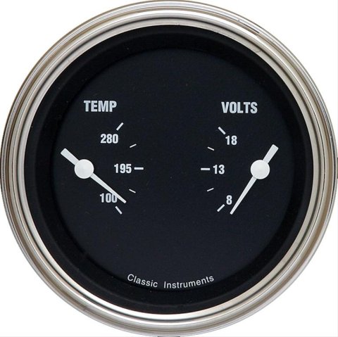 Classic Instruments Hot Rod Series Gauge Sets HR74SLF Gauge, Series, Dual, Water Temperature, Voltmeter, 3 3/8 in., Black Face, Analog, Each