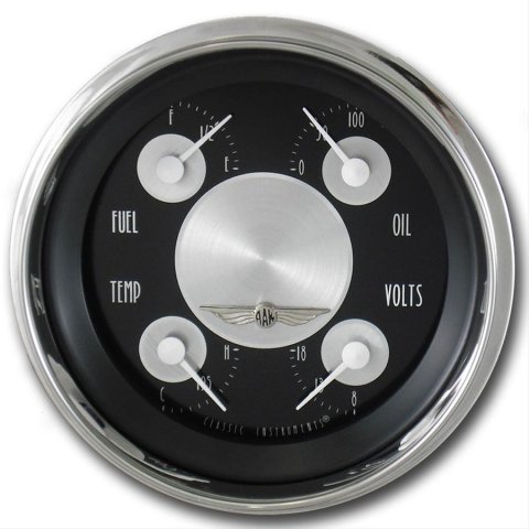 Classic Instruments All-American Tradition Series Gauge Sets AT76SHC Kit, Analog, Black Face, Polished, 3 3/8 in. Diameter, Quad Gauge, Fuel, Oil, Volt, Water, Cluster, Kit