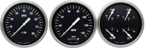 Classic Instruments Hot Rod Series Gauge Sets HR53SLF Gauges, Series, Speedometer, Tach, Water Temperature, Fuel Level, 5 in., Black Face, Analog, Set of 3