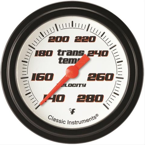 Classic Instruments Velocity Series Gauges VS327WBLF Gauges, Series, Transmission Temperature, 140-280 degrees F, Analog, Electric, 2 5/8 in., White Face, Black Numbers, 1/8 in. NPT Thread, Each