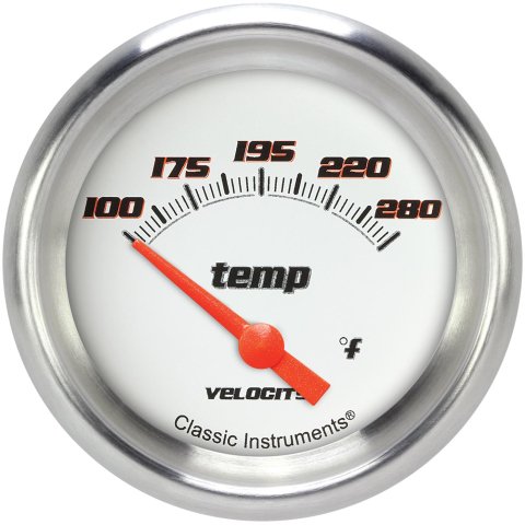 Classic Instruments Velocity Series Gauges VS226WAPF-02 Gauges, Series, Water Temperature, 140-280 degrees F, Analog, Electrical, 2 5/8 in., White Face, Black Numbers, 1/8 in. NPT Thread, Each