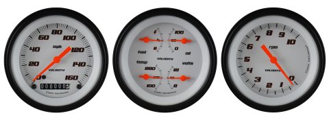 Classic Instruments Velocity Series Gauge Sets VS03WBLF Gauges, Velocity, Speedometer, Tach, Water Temperature, Fuel Level, 3 3/8 in., White Face, Analog, Set of 3