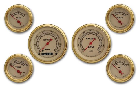 Classic Instruments Vintage Series Gauge Sets VT01GLF Gauges, Vintage, Analog, Speedometer, Tach, Oil Pressure, Water Temp., Fuel Level, Voltmeter, Cream Face, Set
