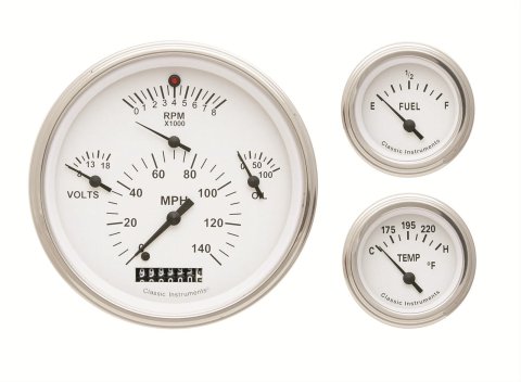 Classic Instruments 1957 Chevy Package Gauge Sets CH01WSLF Gauges, Analog, White, Speedometer, Tachometer, Oil Pressure, Water Temperature, Fuel Level, Voltmeter, Clock