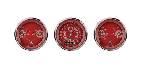 Classic Instruments V8 Red Steelie Series Gauge Sets V8RS04SHC Gauges, Steelie, Speedometer, Oil Pressure, Water Temperature, Face, Analog, Electronic, Set of 3