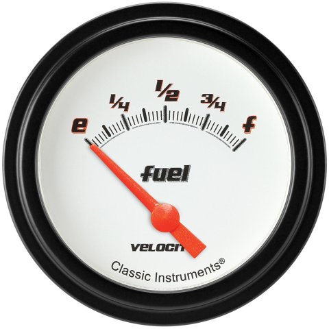 Classic Instruments Velocity Series Gauges VS214WBLF Gauges, Velocity, Fuel Level, Empty-Full, Analog, Electric, 2 5/8 in., White Face, Black with Orange Outline Numbers, 0 ohms Empty, 30 ohms Full, Each