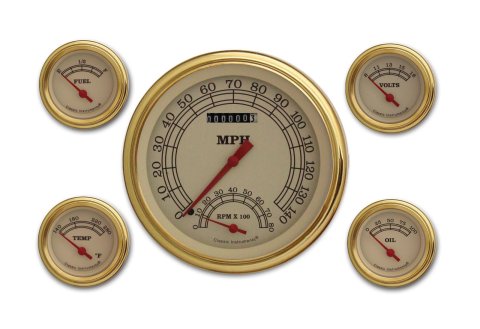 Classic Instruments Vintage Series Gauge Sets VT65GLC Gauge, Vintage, Analog, Electronic, Speedo, Tach, Fuel, Oil, Volt, Water, 5-2 1/8 in Diameter, Cream Face/Gold