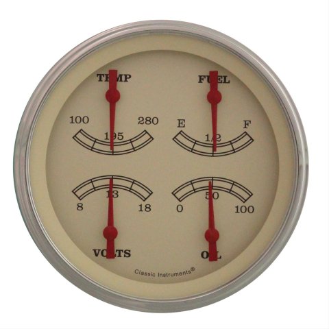 Classic Instruments Vintage Series Gauge Sets VT78SLF Gauge, Series, Quad, Water Temperature, Oil Pressure, Fuel Level, 5 in., Cream Face, Analog, Each