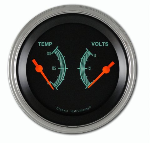 Classic Instruments G-Stock Series Gauge Sets GS74SLF Kits, Series, Dual Gauge, Analog, Water Temperature, Voltmeter, Black Face, Teal Numbers, Flat Glass, Electronic, Each
