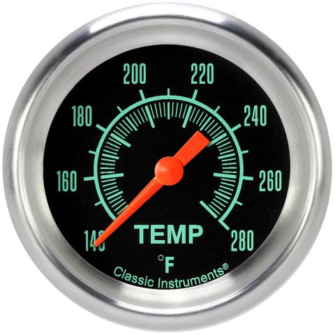 Classic Instruments G-Stock Series Gauges GS326APF-02 Gauges, Series, Water Temperature, 140-280 degrees F, Analog, Electrical, 2 5/8 in., Black Face, Green Numbers, 1/8 in. NPT Thread, Each