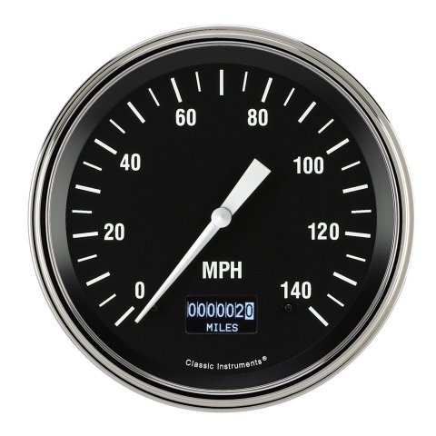 Classic Instruments Hot Rod Series Speedometers HR56DSLF Gauges, Speedometers, 0-140 mph, 4 5/8 in. Diameter, Black Face, White Numbers, Polished Bezel, Analog, Electrical, Each
