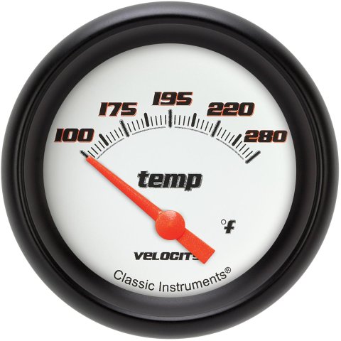 Classic Instruments Velocity Series Gauges VS226WBPF-06 Gauges, Series, Water Temperature, 140-280 degrees F, Analog, Electrical, 2 5/8 in., White Face, Black Numbers, 3/8 in. NPT Thread, Each