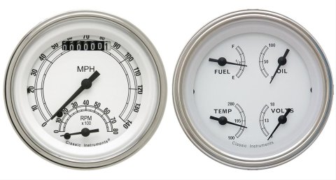 Classic Instruments White Series Gauge Sets CW32SLF Gauges, Series, Speedometer, Tach, Water Temperature, Fuel Level, Face, Analog, Pair