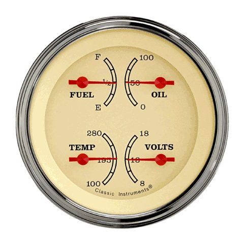 Classic Instruments Vintage Series Gauge Sets VT73SLF Gauge, Series, Quad, Water Temperature, Oil Pressure, Fuel Level, 3 3/8 in., Cream Face, Analog, Each