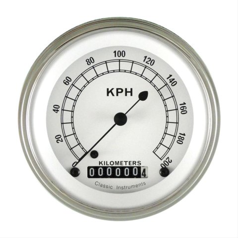 Classic Instruments White Series Speedometers CW59SLF Speedometer, White, 3 3/8 in. Diameter, 0-200 kph, Analog, Electrical, Flat Face, Each