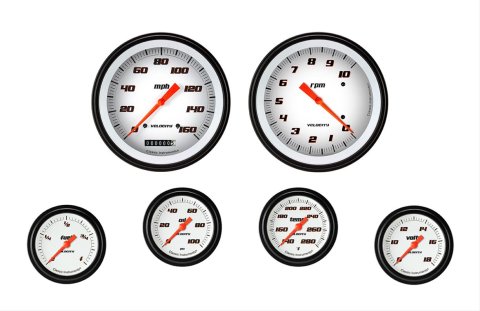 Classic Instruments Velocity Series Gauge Sets VS351WBLF Gauges, Series, Speedometer, Tachometer, Water Temperature, Oil Pressure, Fuel Level, Volt, White Face, Analog, Set of 6