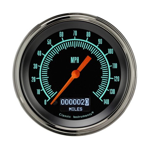 Classic Instruments G-Stock Series Speedometers GS55DSLF Gauges, Speedometers, 0-140 mph, 3 3/8 in. Diameter, Black Face, Green Numbers, Polished Bezel, Analog, Electrical, Each